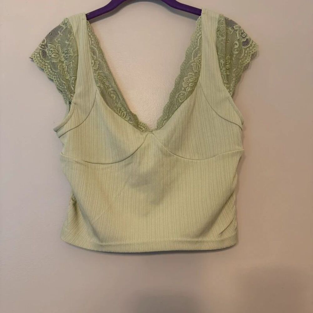 NWT Cider Sage Green Lace Cap Sleeve Ribbed V-Neck Crop Top Sz XL